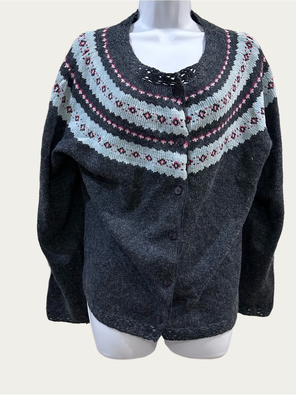 High Sierra Vintage Faire Isle Grey & Blue Crochet Detail Cardigan XL